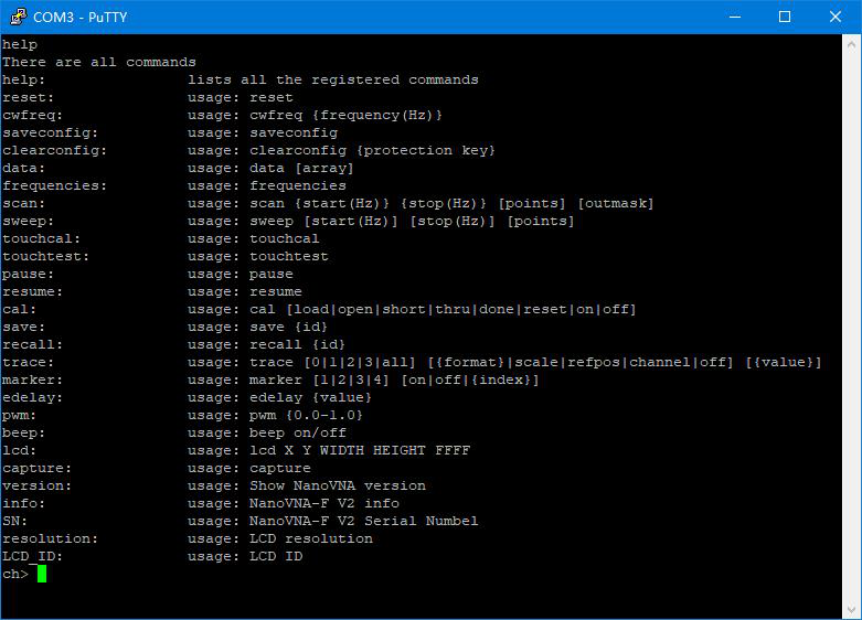 Console command output on the NanoVNA-F V3