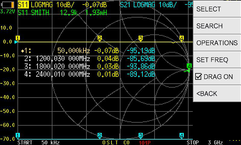 Smith chart display showing antenna impedance